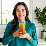 A healthy and vibrant adult woman, fully clothed in modest, comfortable athletic wear, stands in a bright, modern kitchen filled with natural light. She has a serene and confident expression, with a gentle, natural pose, one hand holding a clear glass of effervescent golden kombucha. The background features subtle green plants, enhancing the fresh and clean atmosphere. This professional photograph captures the essence of well-being and energy. safe for work, appropriate content, fully clothed, professional, perfect anatomy, correct proportions, natural pose, well-formed hands, proper finger count, natural body proportions, high quality.