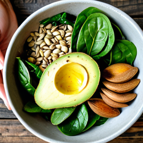 Home 24 Avocado Power Bowl**
"A vibrant power bowl featuring sliced avocado, sunflower seeds, spinach, and a drizzle of extra virgin olive oil, displayed on a rustic wooden table. Ingredients are fresh and colorful. Fully clothed hands gently sprinkle almonds on top. Safe for work, appropriate content, fully clothed, professional food photography, perfect anatomy of the hand, correct proportions, natural lighting, family-friendly."
**