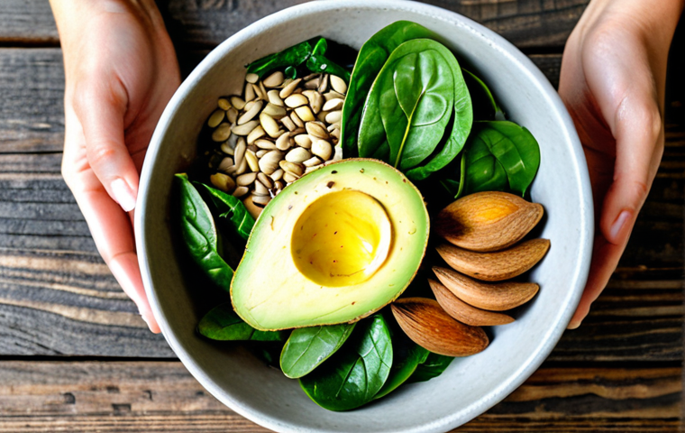 Avocado Power Bowl**
"A vibrant power bowl featuring sliced avocado, sunflower seeds, spinach, and a drizzle of extra virgin olive oil, displayed on a rustic wooden table. Ingredients are fresh and colorful. Fully clothed hands gently sprinkle almonds on top. Safe for work, appropriate content, fully clothed, professional food photography, perfect anatomy of the hand, correct proportions, natural lighting, family-friendly."
**