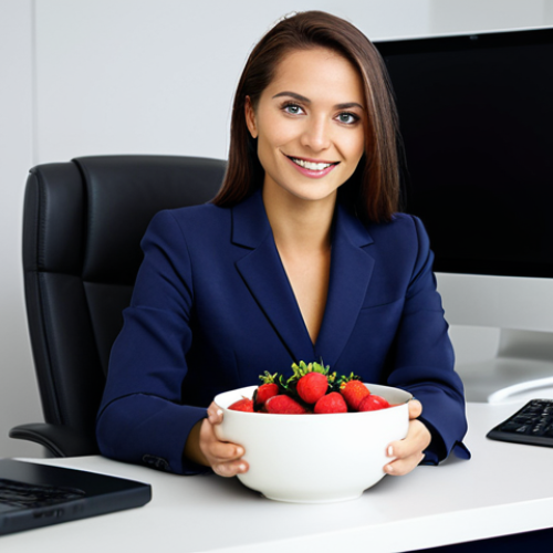 Home 23 **
A professional businesswoman in a modest business suit, sitting at a desk in a modern office, enjoying a bowl of *açaí* with strawberries and bananas, fully clothed, appropriate attire, safe for work, perfect anatomy, natural proportions, professional photography, high quality.
**