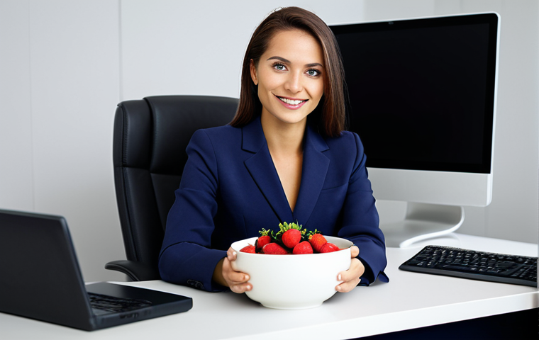 **
A professional businesswoman in a modest business suit, sitting at a desk in a modern office, enjoying a bowl of *açaí* with strawberries and bananas, fully clothed, appropriate attire, safe for work, perfect anatomy, natural proportions, professional photography, high quality.
**