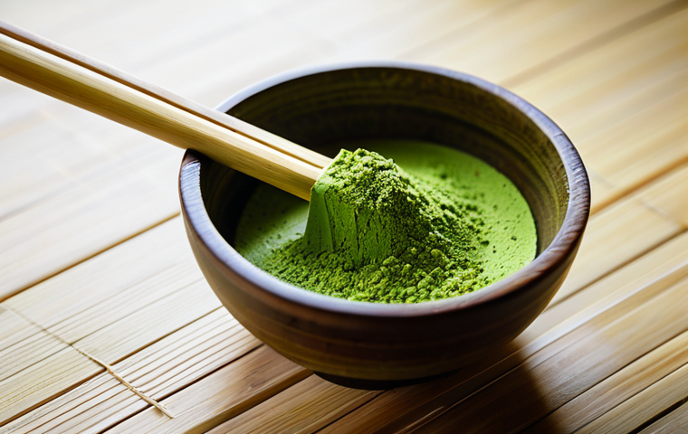 **Subject:** A close-up shot of vibrant green organic matcha powder being sifted with a bamboo sieve. **Clothing/Attire:** N/A (Focus on the matcha). **Environment:** A clean, minimalist kitchen setting with natural light. **Quality Modifiers:** High-resolution photograph, sharp focus, vibrant color grading, perfect lighting, showcasing the texture and color of the matcha. **Safety:** safe for work, appropriate content, professional, family-friendly