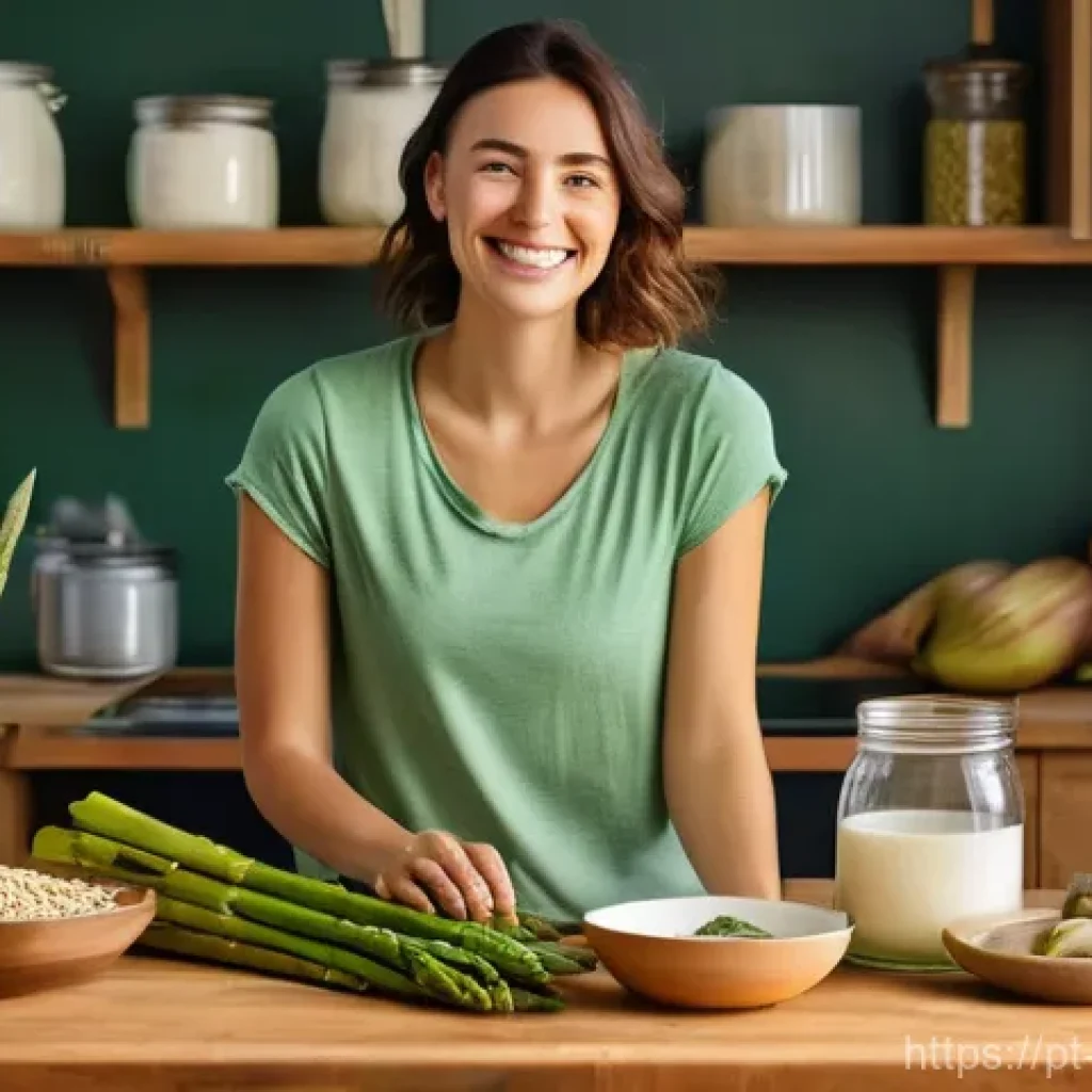 프리바이오틱스가 많은 음식 추천 - A bright, naturally lit kitchen scene. A smiling woman in her late 20s, wearing comfortable, modest ...