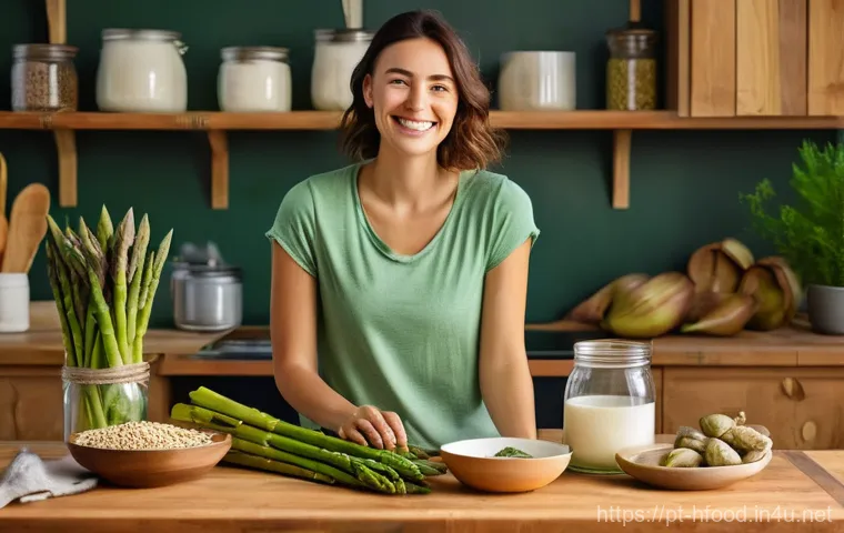 프리바이오틱스가 많은 음식 추천 - A bright, naturally lit kitchen scene. A smiling woman in her late 20s, wearing comfortable, modest ...