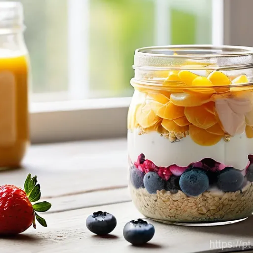 집에서 만드는 오트밀 레시피 - **Morning Serenity with Berry Overnight Oats**
    A beautifully composed close-up shot of a glass j...