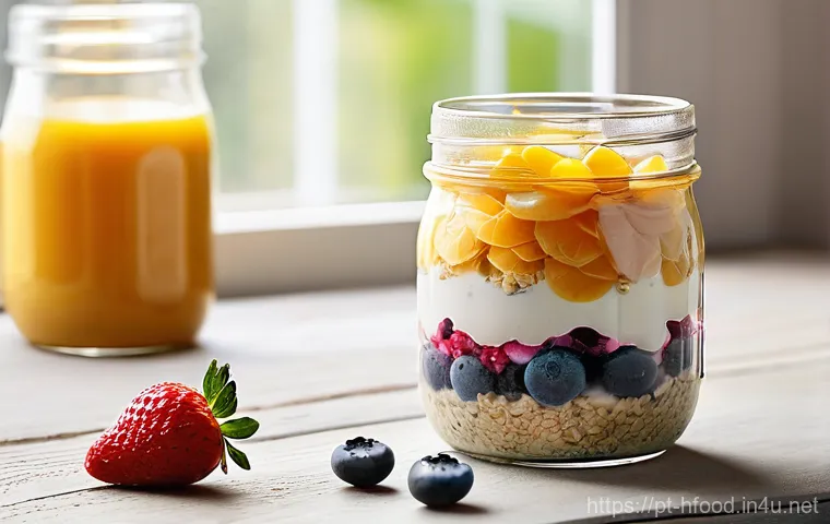 집에서 만드는 오트밀 레시피 - **Morning Serenity with Berry Overnight Oats**
    A beautifully composed close-up shot of a glass j...