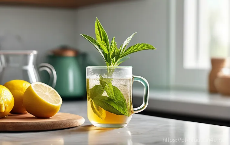 천연 감미료 스테비아와 자일리톨 비교 - **Stevia's Natural Purity for Daily Refreshment:**
    "A bright, naturally lit kitchen counter feat...