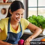 Home 18 간 건강을 위한 음료 추천 - **Image Prompt:** A bright, cheerful kitchen scene in Brazil. A young Latina woman, wearing a colorf...