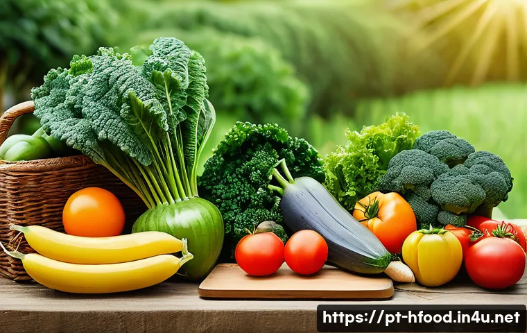 유기농 채소 박스 구독 서비스 비교 - A vibrant, well-lit scene of a rustic wooden table outdoors, featuring a colorful assortment of fres...