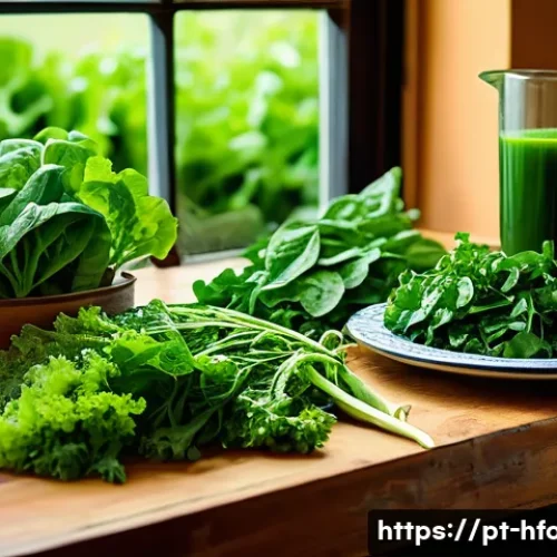 비타민K가 많은 음식 리스트 - A vibrant, detailed still life featuring a rustic wooden table laden with fresh green leafy vegetabl...