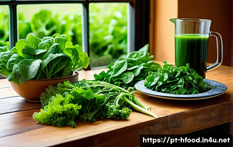 비타민K가 많은 음식 리스트 - A vibrant, detailed still life featuring a rustic wooden table laden with fresh green leafy vegetabl...