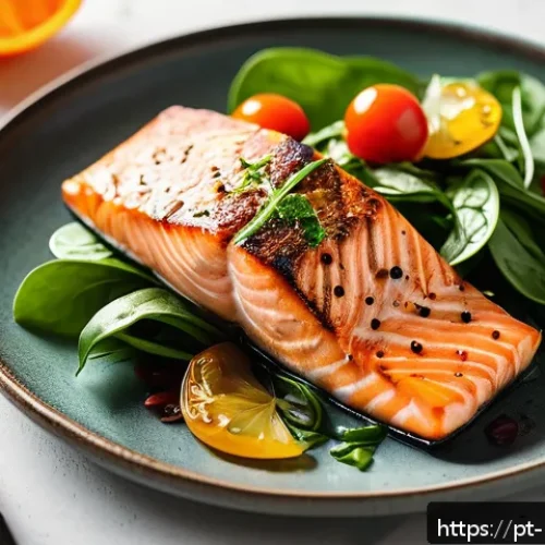 뼈 건강에 좋은 비타민D 음식 - A vibrant and appetizing close-up of a grilled salmon fillet seasoned with fresh herbs, served on a ...