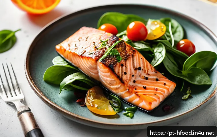 뼈 건강에 좋은 비타민D 음식 - A vibrant and appetizing close-up of a grilled salmon fillet seasoned with fresh herbs, served on a ...