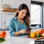 체중 감량을 위한 식단 플래너 추천 - A vibrant kitchen scene featuring a young adult woman using a sleek smartphone app to plan weekly me...