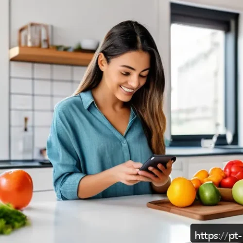 체중 감량을 위한 식단 플래너 추천 - A vibrant kitchen scene featuring a young adult woman using a sleek smartphone app to plan weekly me...