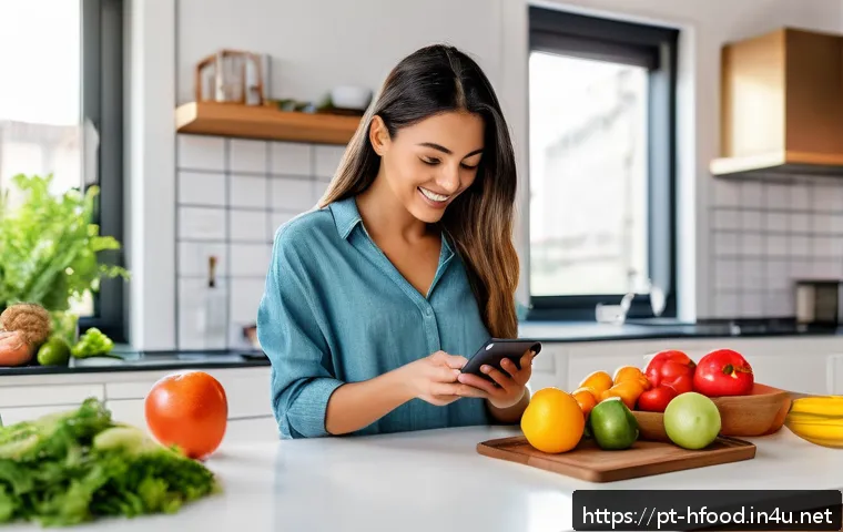 체중 감량을 위한 식단 플래너 추천 - A vibrant kitchen scene featuring a young adult woman using a sleek smartphone app to plan weekly me...