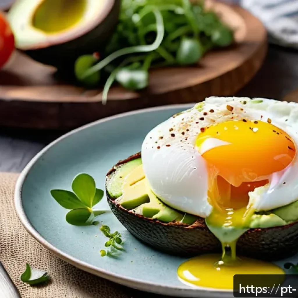 건강을 위한 저칼로리 브런치 아이디어 - A vibrant low-carb brunch scene featuring a perfectly poached egg resting on a thick slice of mashed...