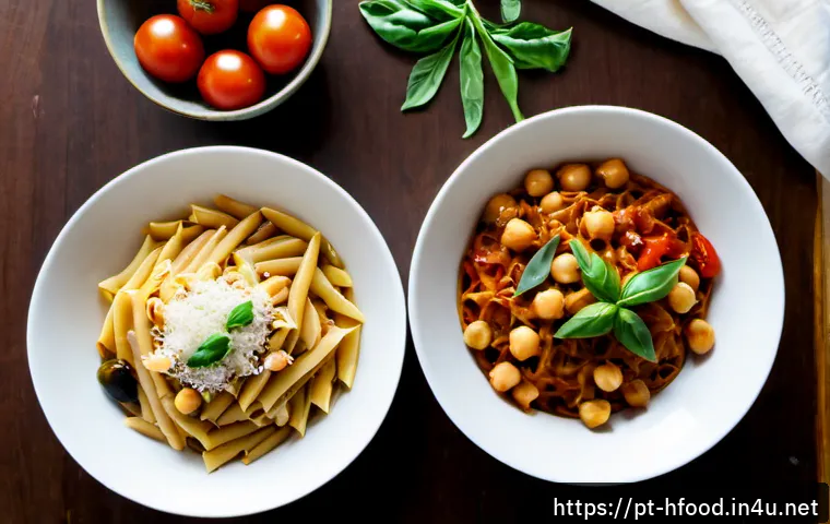 Home 17 건강한 글루텐 프리 파스타 추천 - Photorealistic overhead food photography of a healthy gluten-free pasta comparison: two elegant whit...