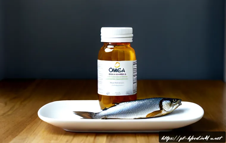 Home 17 오메가3 캡슐과 천연 음식 비교 - Photorealistic top-down comparison scene on a clean light wood kitchen table: a small plain amber bo...