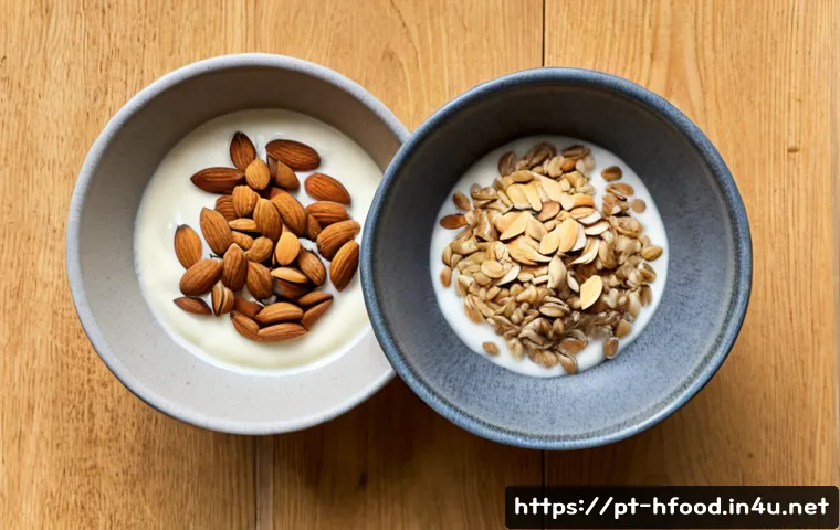 비건 요거트 브랜드별 성분 비교 - Photorealistic overhead comparison scene of four unbranded plant-based yogurt cups in neutral cerami...