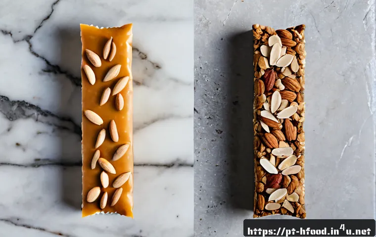 Home 17 저당 스낵바 브랜드별 성분 비교 - Photorealistic top-down comparison scene of four unbranded low-sugar snack bars in simple matte wrap...