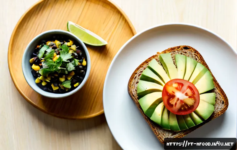아보카도의 건강 효과와 활용법 - Photorealistic overhead view of a ripe avocado cut in half beside a colorful Brazilian-inspired heal...