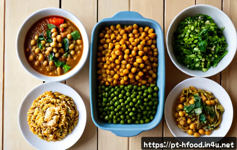 비건 간편식 브랜드 TOP 5 - Photorealistic top-down comparison scene of five distinct unbranded vegan convenience meal options a...